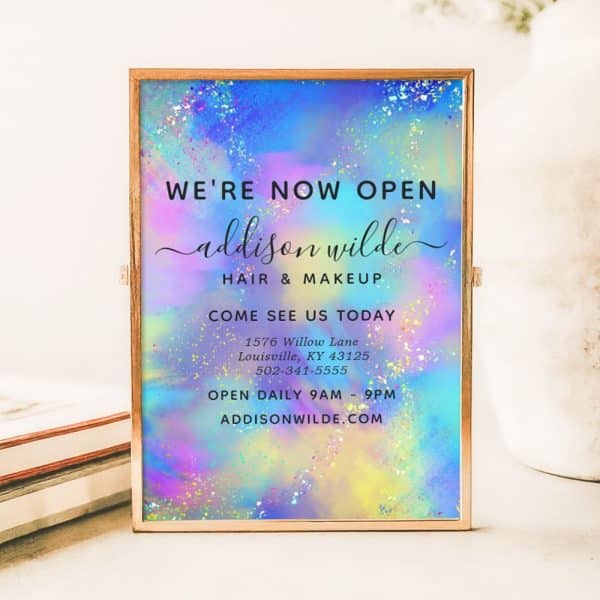 A Pastel-Colored Announcement For Addison Wilde Hair &Amp; Makeup, Stating They Are Now Open, With Their Address, Phone Number, And Website.