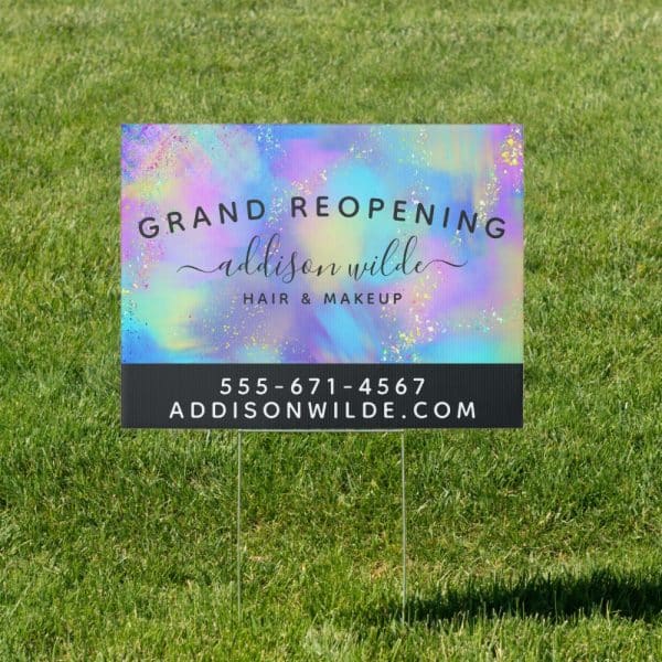 Grand Reopening Sign For Addison Wilde Hair &Amp; Makeup, Featuring A Colorful, Iridescent Background. Contact Information Is Included.