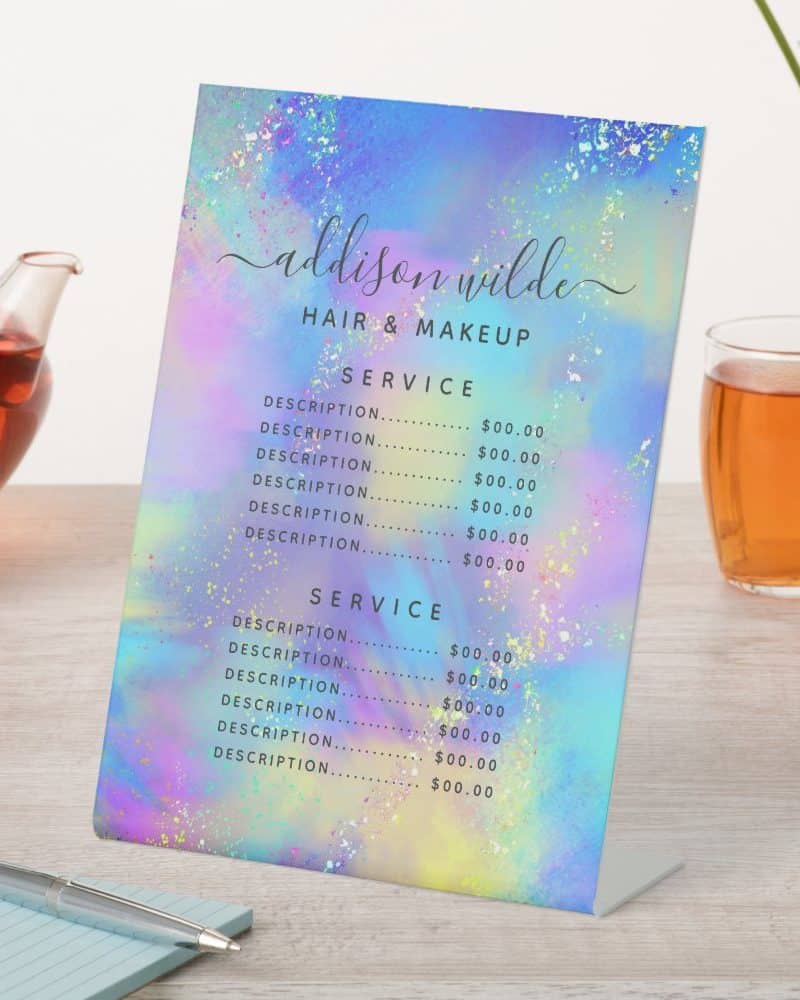 A pastel-colored price list for Addison Wilde Hair & Makeup.