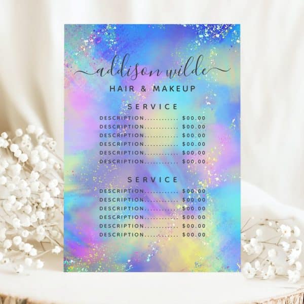 Addison Wilde Hair And Makeup Service Price List On A Pastel Holographic Background.