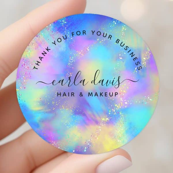 Round Business Thank You Sticker With Pastel Tie-Dye Design, Featuring Carla Davis Hair &Amp; Makeup.
