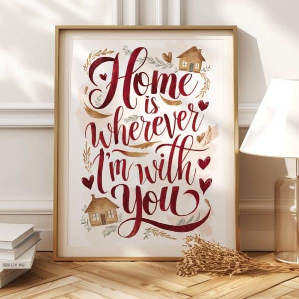 Framed Print With The Text Home Is Wherever I'M With You In Elegant Red Script. Small House Illustrations And Hearts Are Included In The Design.