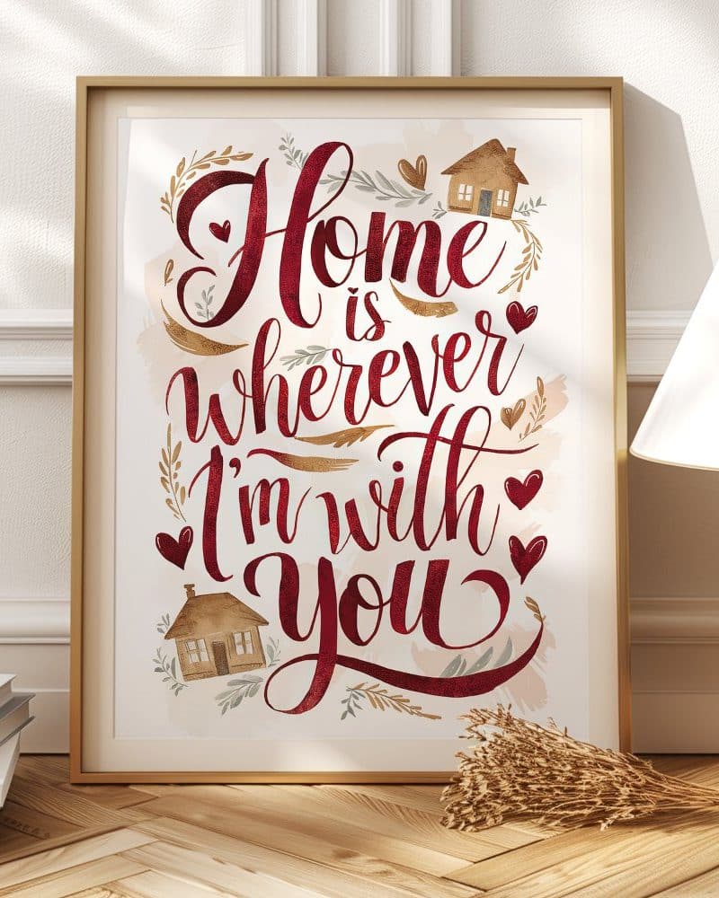 Framed print with the text Home is wherever I'm with you in elegant red script. Small house illustrations and hearts are included in the design.