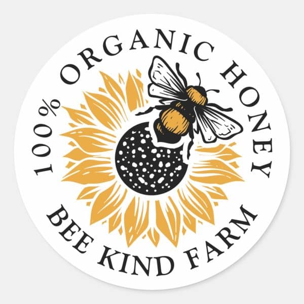 Bee Flying Towards A Sunflower, With Text &Quot;100% Organic Honey Bee Kind Farm&Quot; Around It.