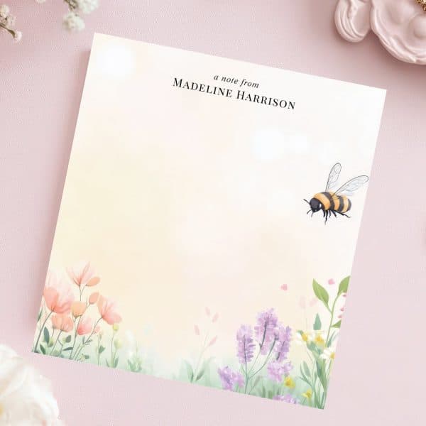 Personalized Stationery Featuring A Bee And Wildflowers.