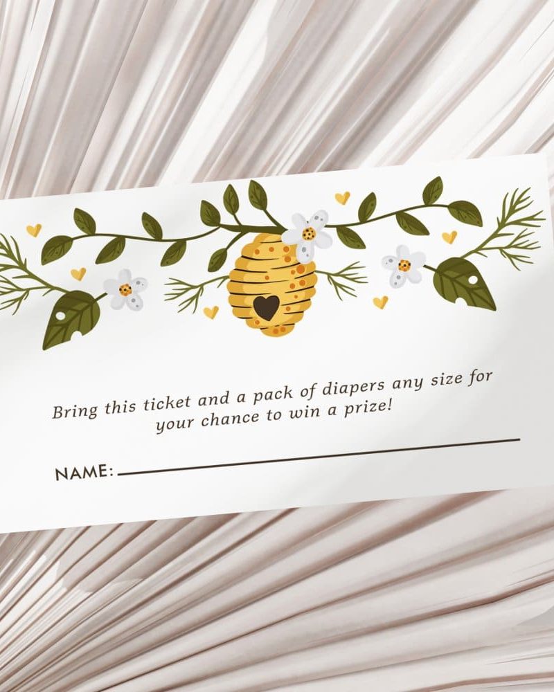 Diaper raffle ticket with a beehive illustration and flowers. Bring the ticket and diapers to win a prize.