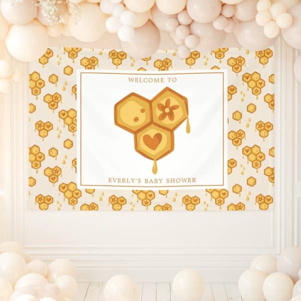 Baby Shower Banner Featuring A Honeycomb Design With Hearts And Flowers, Announcing Everly'S Baby Shower.