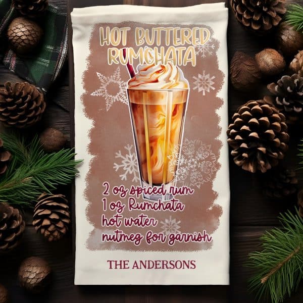 Tea Towel Featuring An Illustration Of A Hot Buttered Rumchata Cocktail Recipe.