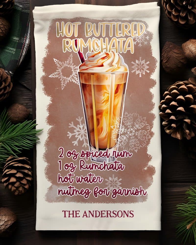 Tea towel featuring an illustration of a hot buttered rumchata cocktail recipe.