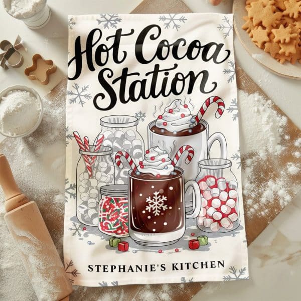 A Kitchen Tea Towel With An Illustration Of Hot Cocoa Mugs, Marshmallows, Candy Canes, And Sprinkles; Text Reads Hot Cocoa Station And Stephanie'S Kitchen.