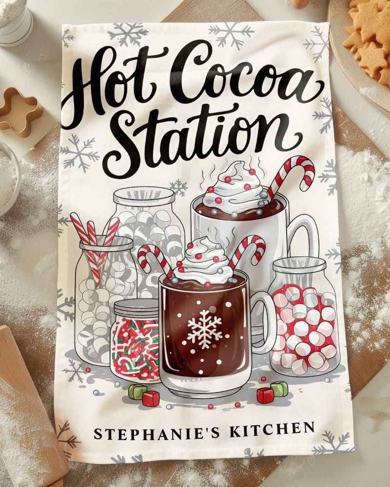A kitchen tea towel with an illustration of hot cocoa mugs, marshmallows, candy canes, and sprinkles; text reads Hot Cocoa Station and Stephanie's Kitchen.