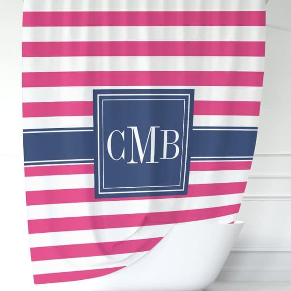 Pink And White Striped Shower Curtain With Navy Blue Monogram Cmb.