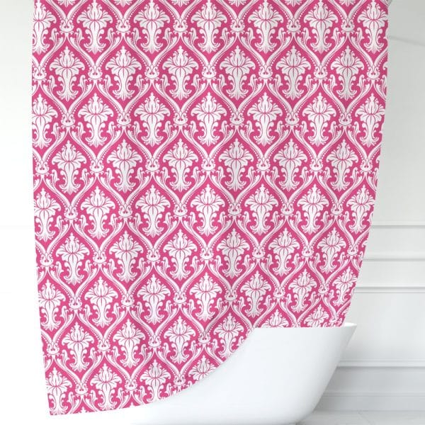 Pink Shower Curtain With A White Damask Pattern.