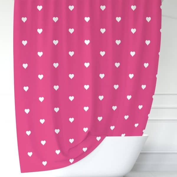 Pink Shower Curtain With A White Heart Pattern.