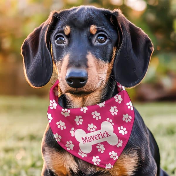 A Dachshund Puppy Wearing A Pink Bandana With Paw Prints And Its Name, Maverick.