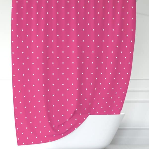 Pink Shower Curtain With White Polka Dots.
