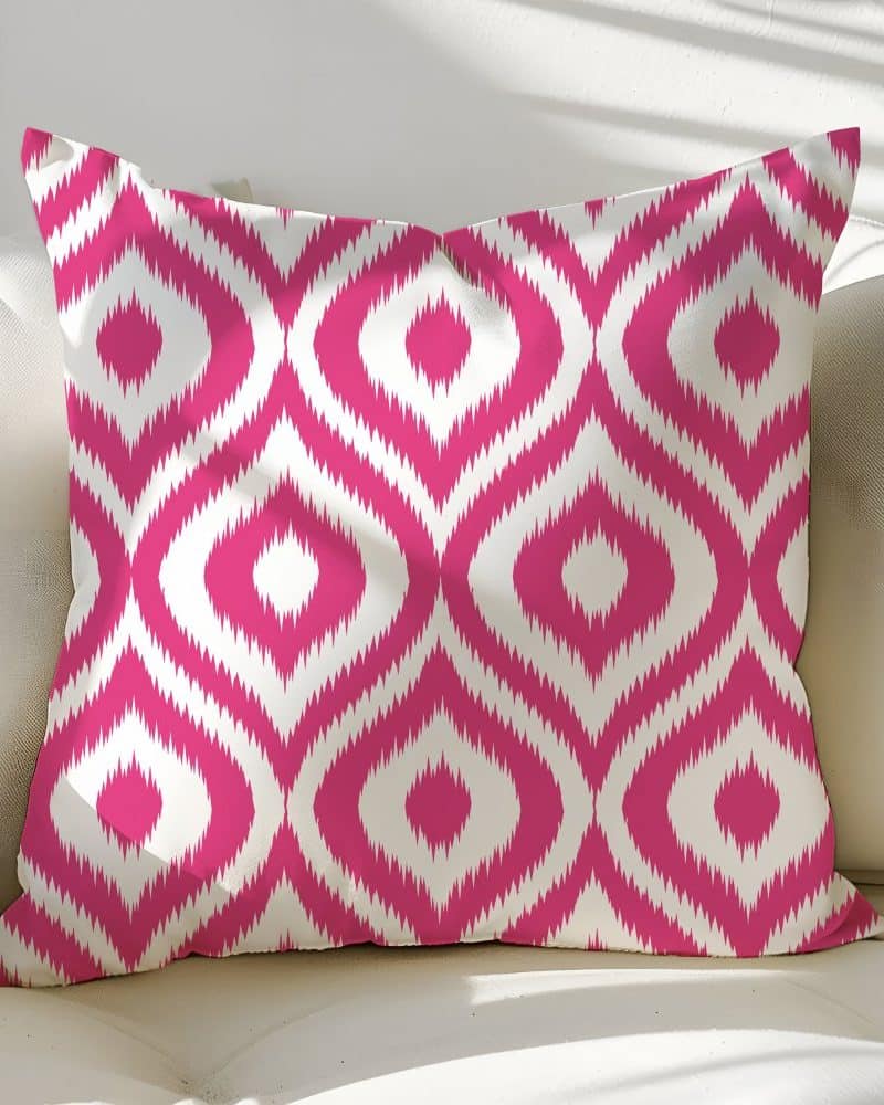 Pink and white ikat patterned throw pillow.