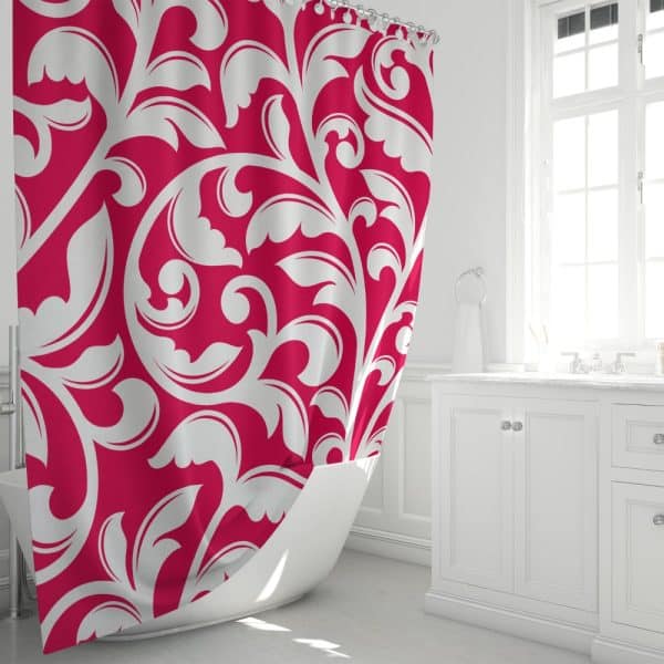 Pink Shower Curtain With A White Damask Pattern.