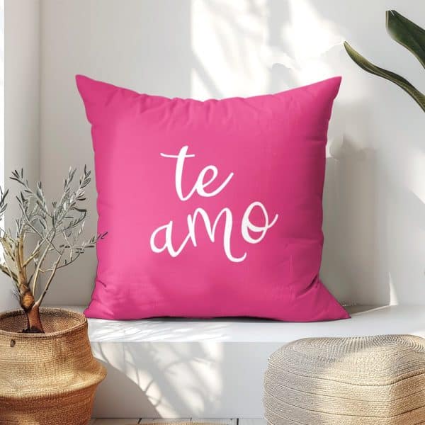 Pink Pillow With White &Quot;Te Amo&Quot; Text.