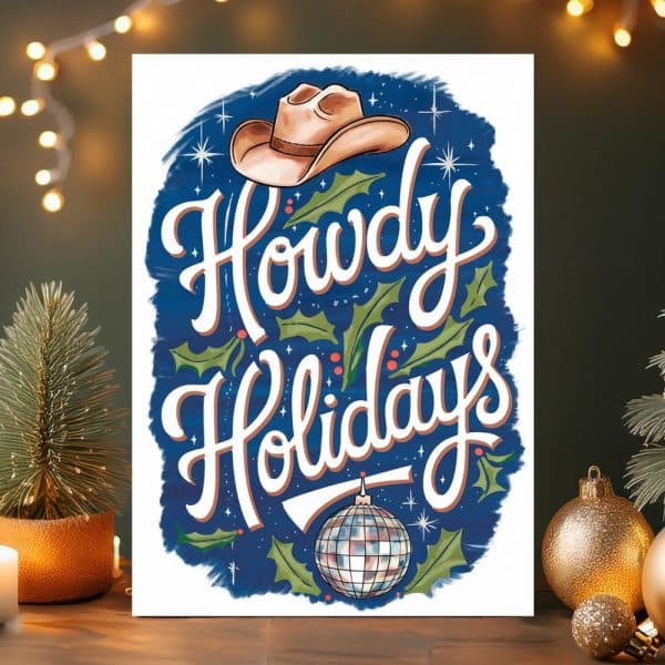 A Holiday Greeting Card Featuring The Text Howdy Holidays In Stylized Lettering, A Cowboy Hat, And A Disco Ball On A Dark Blue Background With Holly.
