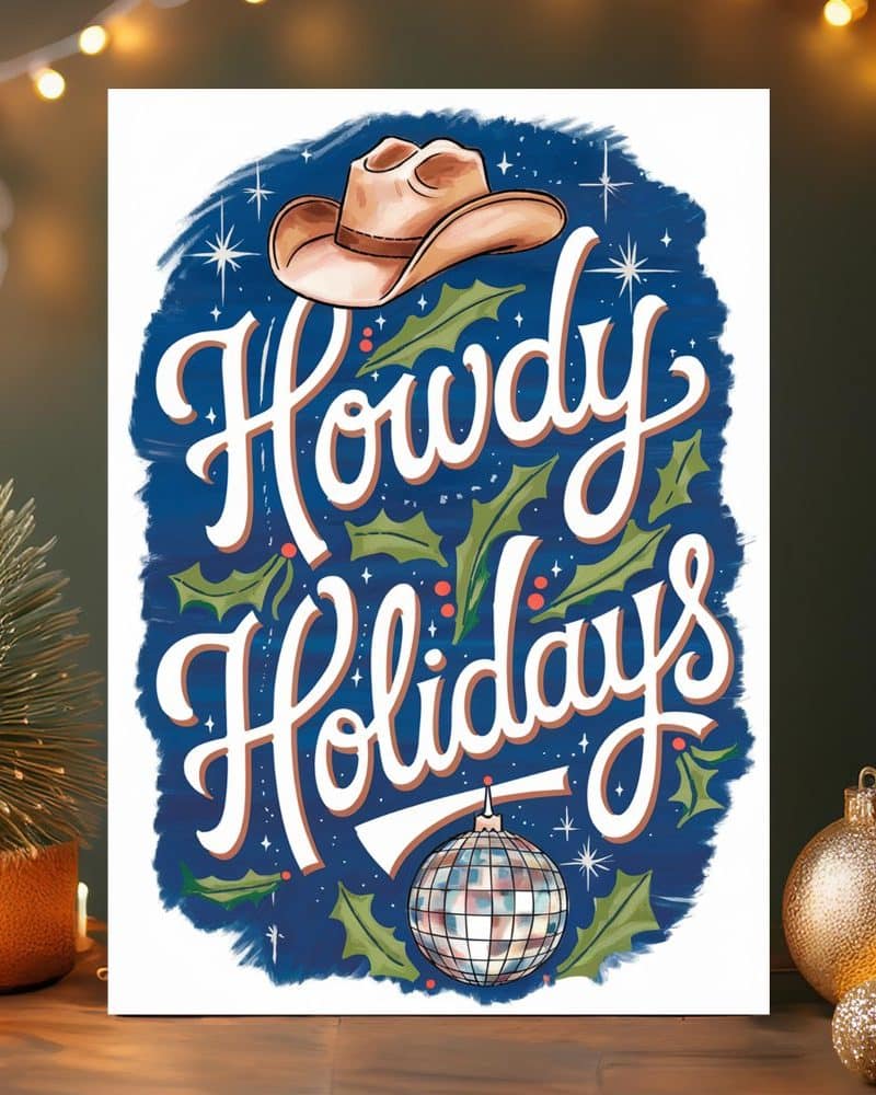 A holiday greeting card featuring the text Howdy Holidays in stylized lettering, a cowboy hat, and a disco ball on a dark blue background with holly.