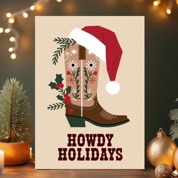 Christmas Cowboy Boot With Santa Hat, Decorated With Holly And Snowflakes; Howdy Holidays Text Below.