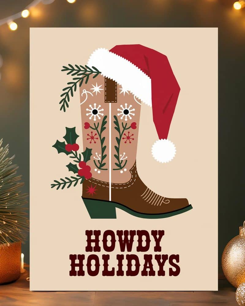 Christmas cowboy boot with Santa hat, decorated with holly and snowflakes; Howdy Holidays text below.