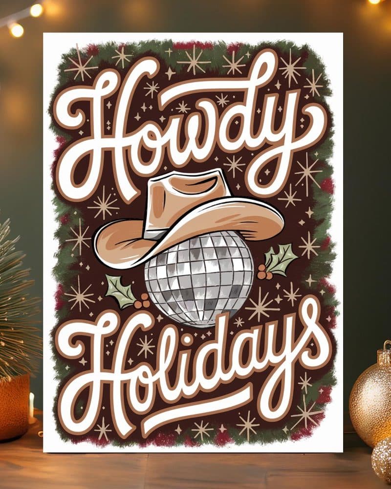 Christmas card featuring a cowboy hat atop a disco ball with Howdy Holidays text.