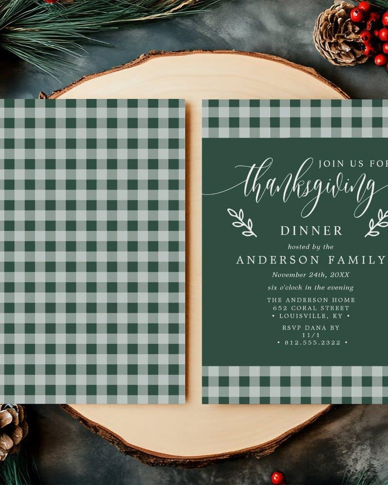 Thanksgiving dinner invitation with green and gray gingham border.