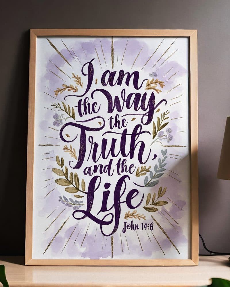 Framed print with purple lettering that reads I am the Way the Truth and the Life, John 14:6.