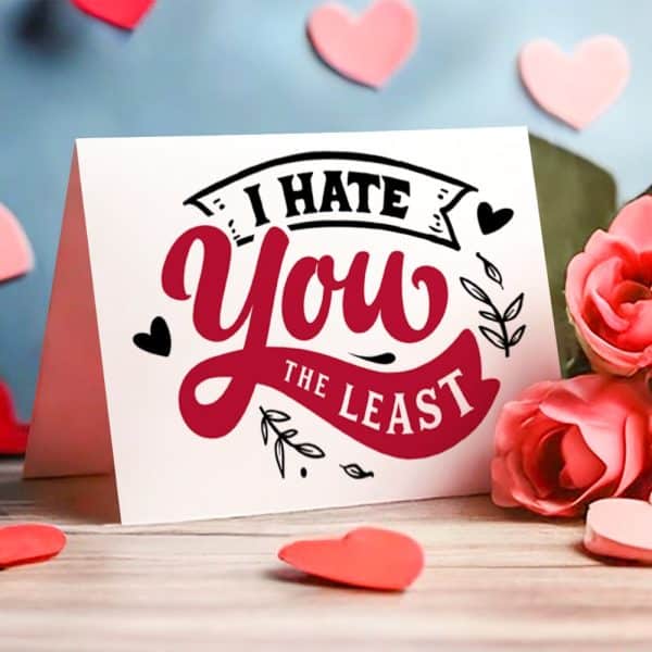 A Valentines Day Card That Says I Hate You The Least In A Playful Font.