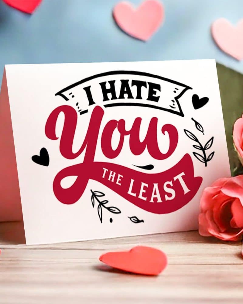 A Valentines Day card that says I hate you the least in a playful font.