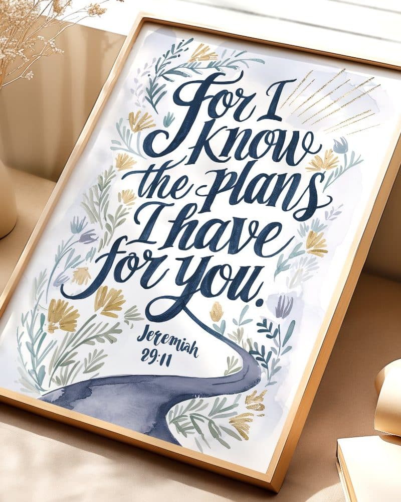 Framed art print with a watercolor design featuring the Bible verse Jeremiah 29:11, which reads For I know the plans I have for you.