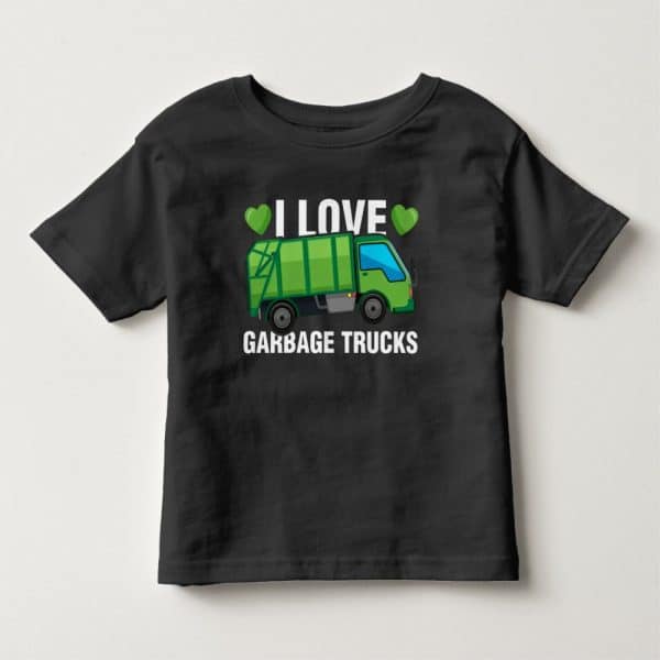 Black Toddler T-Shirt With A Green Garbage Truck Graphic And The Text I Love Garbage Trucks.