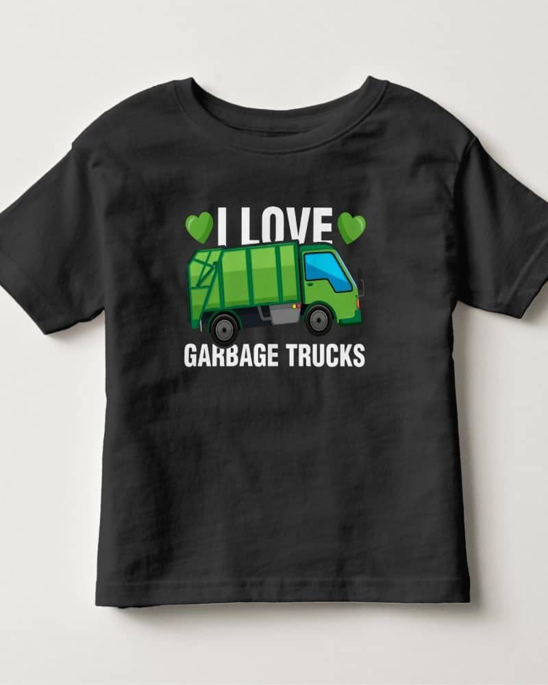 Black toddler t-shirt with a green garbage truck graphic and the text I LOVE GARBAGE TRUCKS.