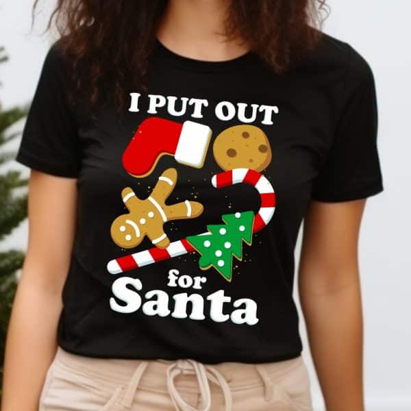 Black T-Shirt With A Christmas Design Featuring Cookies, A Candy Cane, And The Text I Put Out For Santa.