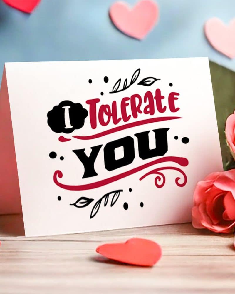 A Valentine's Day card that says I tolerate you in a playful font.