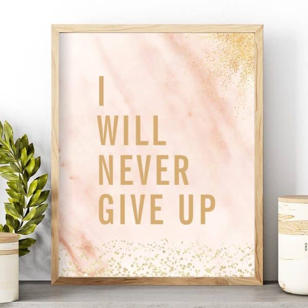 Framed Print With Gold Lettering On A Pink Marble Background That Reads I Will Never Give Up.