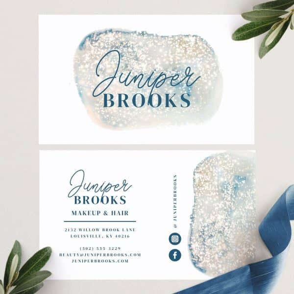 Two Business Cards For Juniper Brooks Makeup &Amp; Hair, Featuring A Blue And White Watercolor Design.