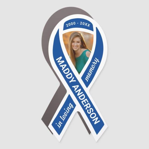 Blue Ribbon Memorial Magnet With Photo Of Maddy Anderson, 2000-20Xx, In Loving Memory.