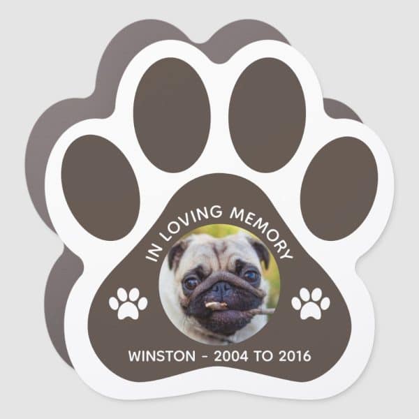 Brown Paw Print Memorial Sticker With A Photo Of Winston The Pug, 2004-2016.
