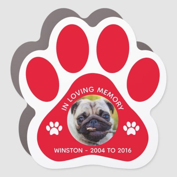 Red Paw Print Memorial Sticker With A Photo Of Winston The Pug, 2004-2016.