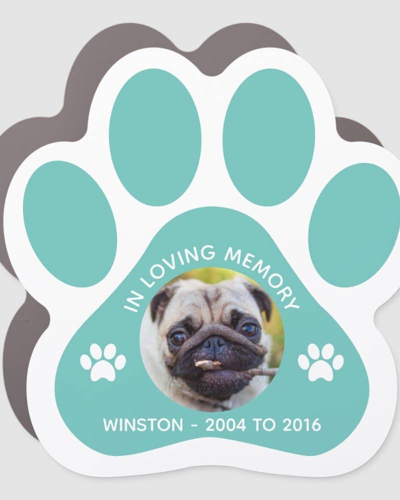 Teal paw print shaped memorial with a photo of a pug named Winston, who lived from 2004 to 2016.