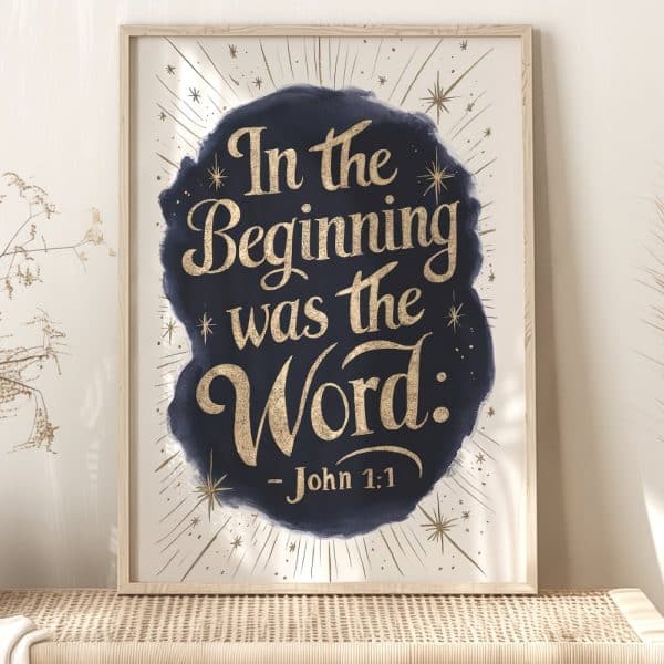 Framed Print With Gold Lettering On A Dark Blue Background. The Text Reads In The Beginning Was The Word: John 1:1.