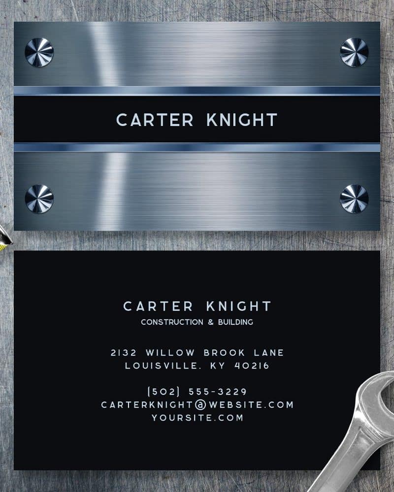 Two business cards for Carter Knight Construction & Building. The top card features a brushed metal design, the bottom card is black with contact information.