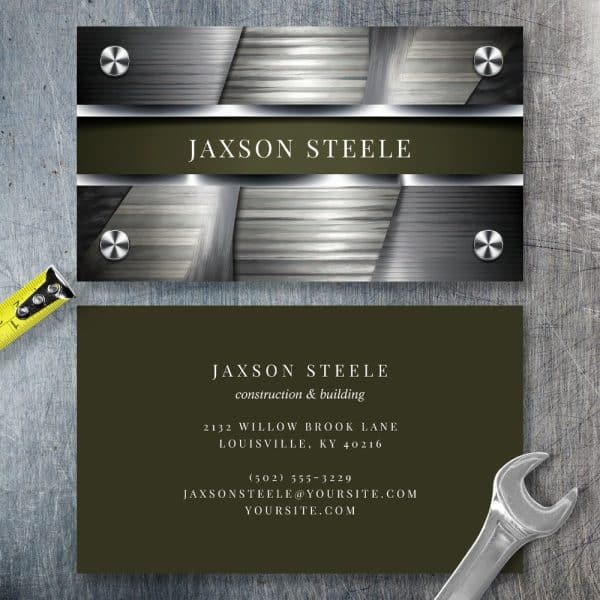 Business Card For Jaxson Steele, Construction And Building. The Card Features A Metallic Design.