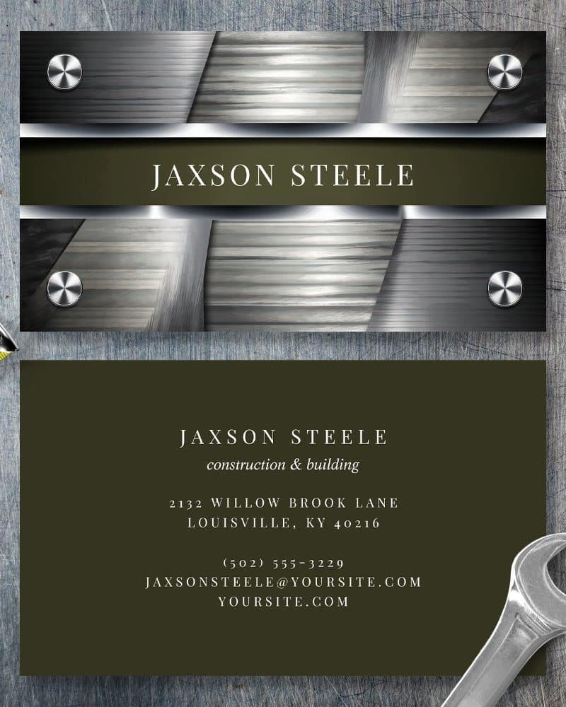 Business card for Jaxson Steele, construction and building. The card features a metallic design.