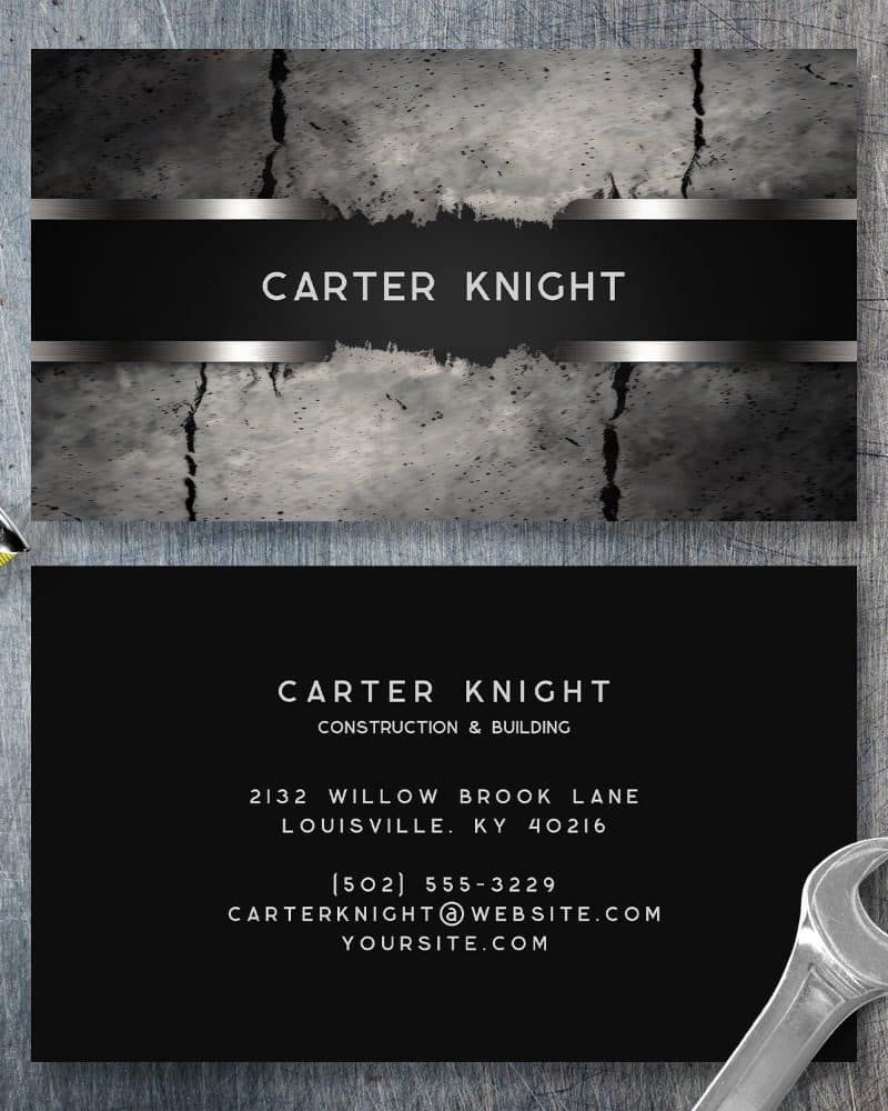 Business card for Carter Knight Construction & Building, featuring a dark gray textured design.