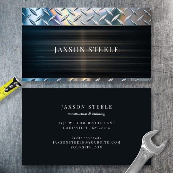 Jaxson Steele Construction And Building Business Card With Metallic Design.