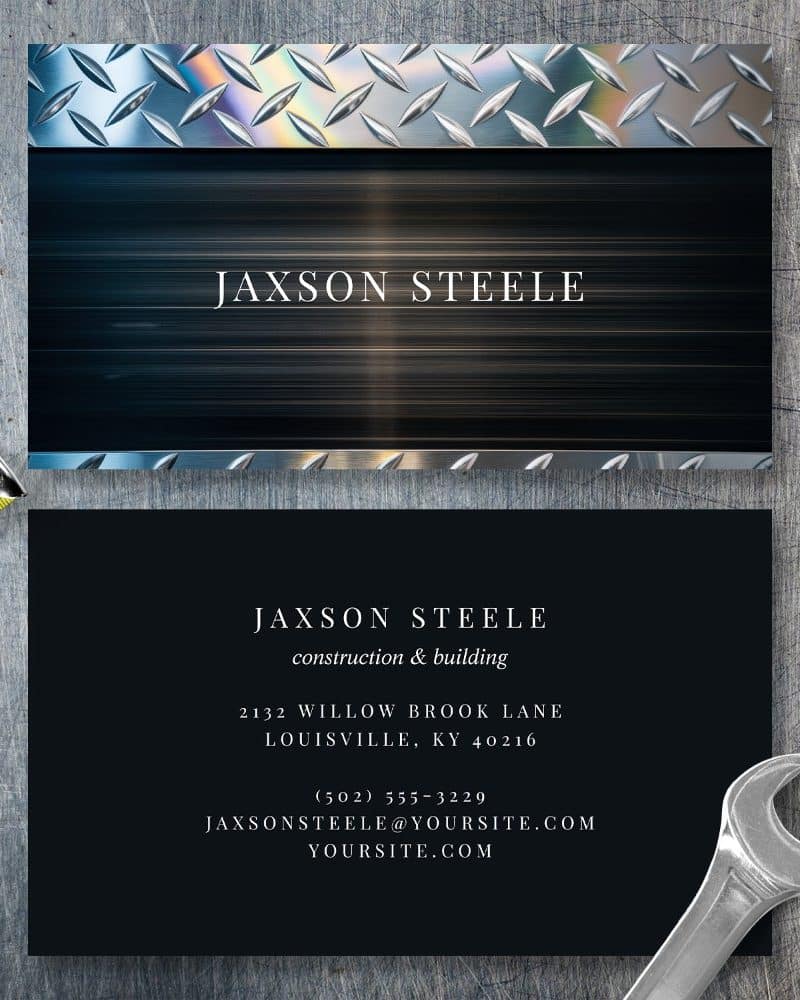 Jaxson Steele construction and building business card with metallic design.